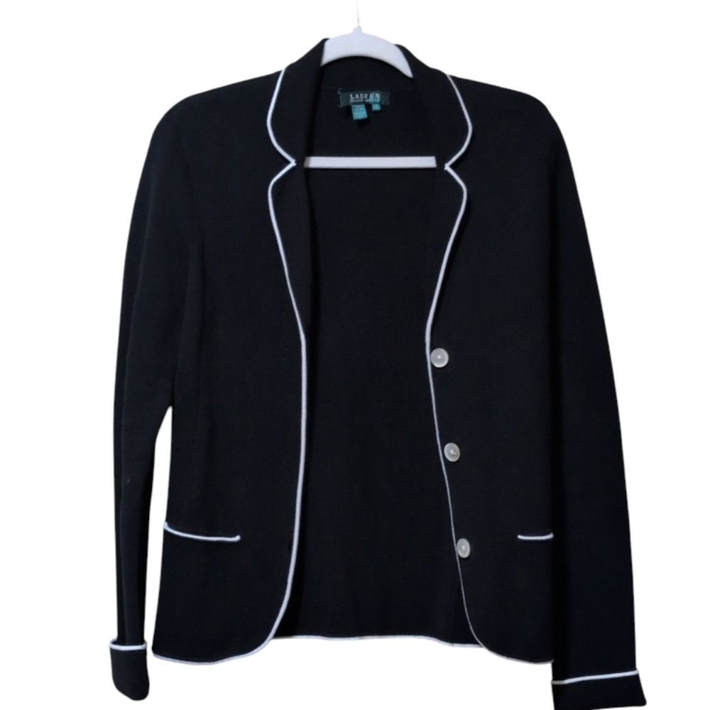 Vintage Lauren Ralph Lauren sweater blazer black knit white piping cotton Small - Picture 7 of 7